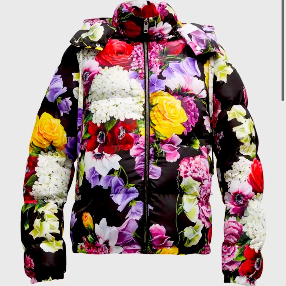 DOLCE & GABBANA Floral-Print Puffer Jacket w/ Detachable Hood